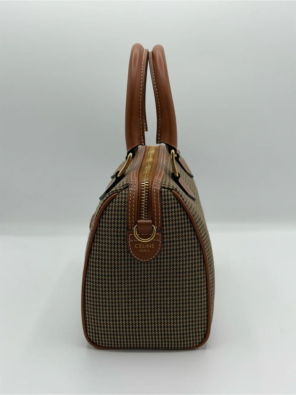 Celine Brown Houndstooth Satchel with Tan Leather Trim